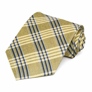 Rolled view of a yellow white and blue plaid necktie