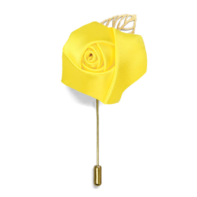 A bright yellow lapel pin with a gold pin and leaf