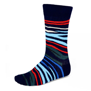 Men's colorful funky zebra stripe pattern sock in navy blue
