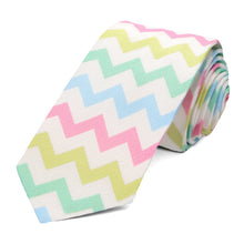 Load image into Gallery viewer, A white slim tie with pastel colored zigzag stripes